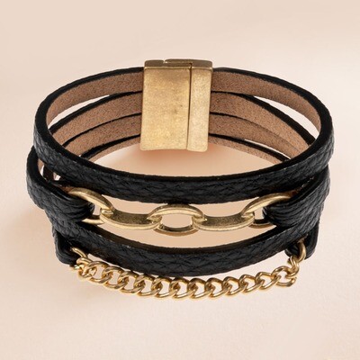 Black/Gold Open Metal Oval Link Faux Leather Magnetic Bracelet