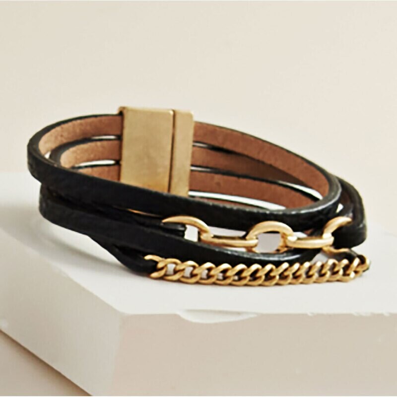 Black/Gold Open Metal Oval Link Faux Leather Magnetic Bracelet