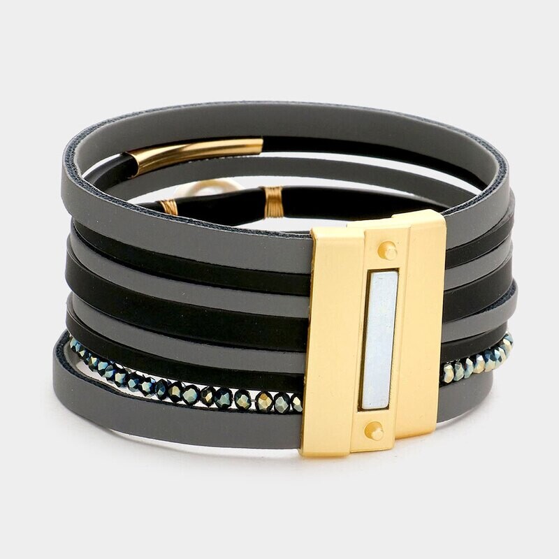 Pearl Accented Faux Leather Magnetic Bracelet