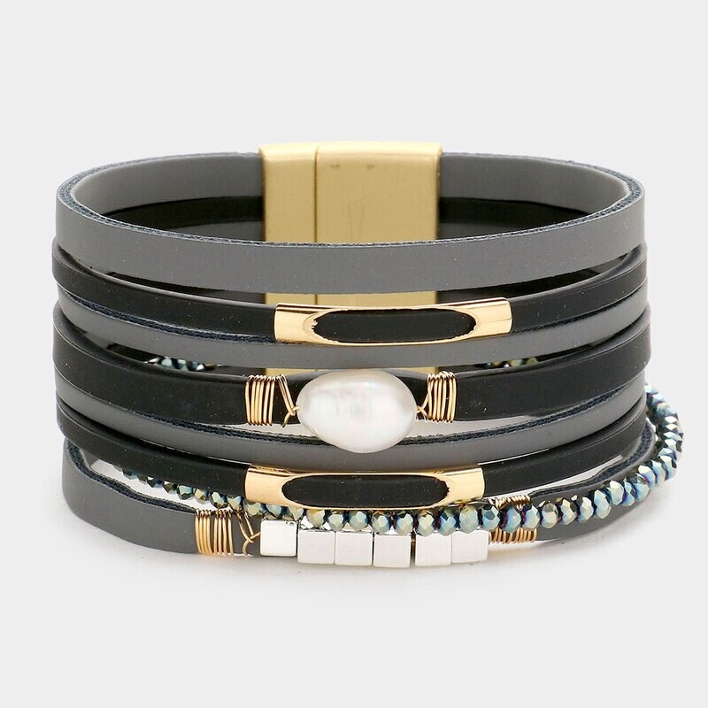 Pearl Accented Faux Leather Magnetic Bracelet