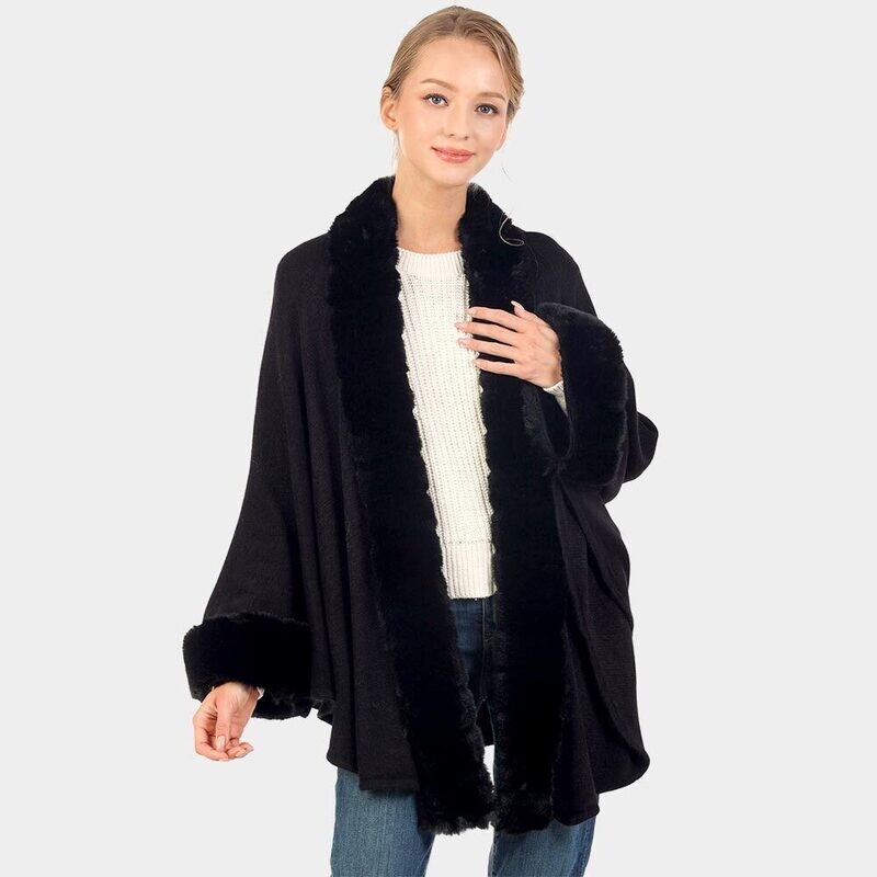 Faux Fur Trimmed Solid Long Shawl Poncho Cape