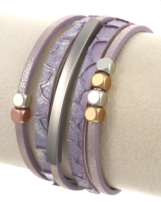 Light Purple Multi Strand Metal Leather Bracelet
