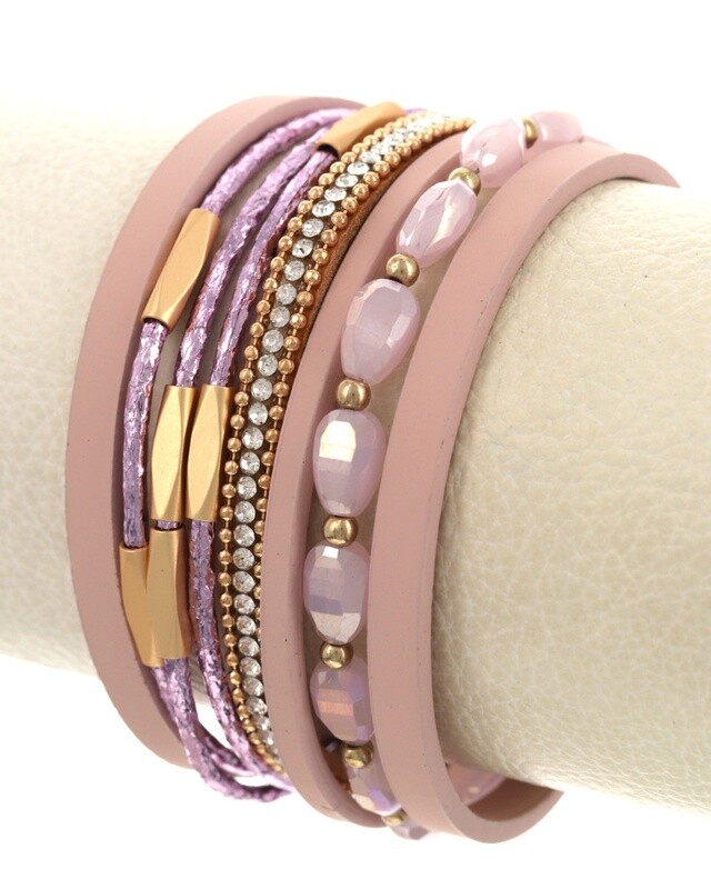 Multi Strand Metal Leather Glass Band Bracelet