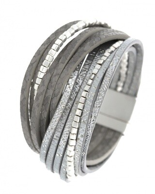 Silver/Grey Multi Strand Leatherette Metal Band Bracelet