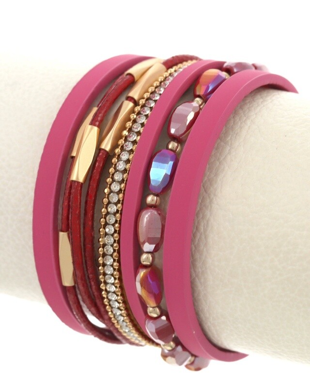 Multi Strand Metal Leather Glass Band Bracelet