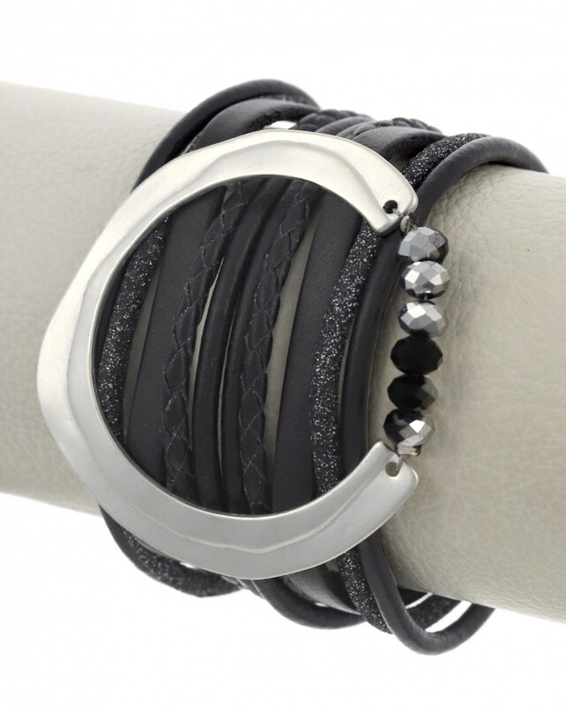 Multi Strand Glass Leather Band Bracelet
