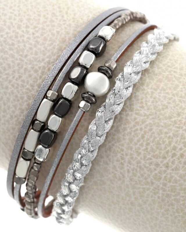 Grey Multi Strand Metal Leather Bracelet