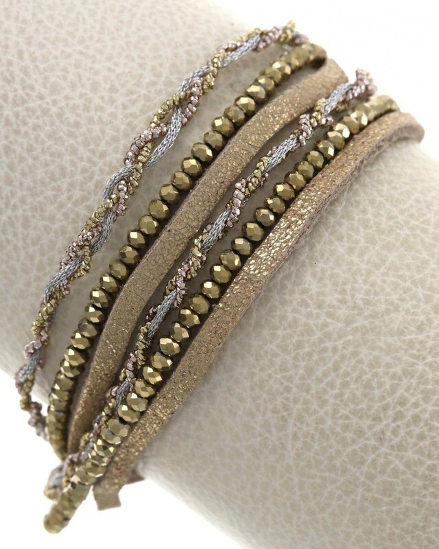Metallic Matte Gold Multi Strand Leatherette Glass Bracelet 