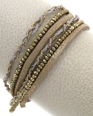 Metallic Matte Gold Multi Strand Leatherette Glass Bracelet