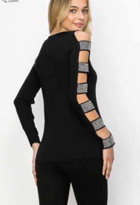 Black Embellished Cut Out Long Sleeve Top