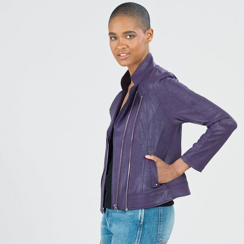 Eggplant Liquid Leather Double Zip Pocket Jacket