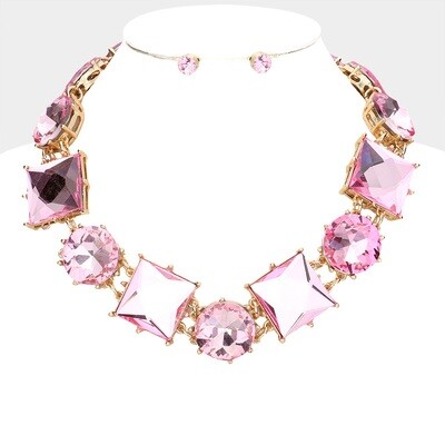 Large Geometric Round Square Pink Stone Link Evening Necklace Set