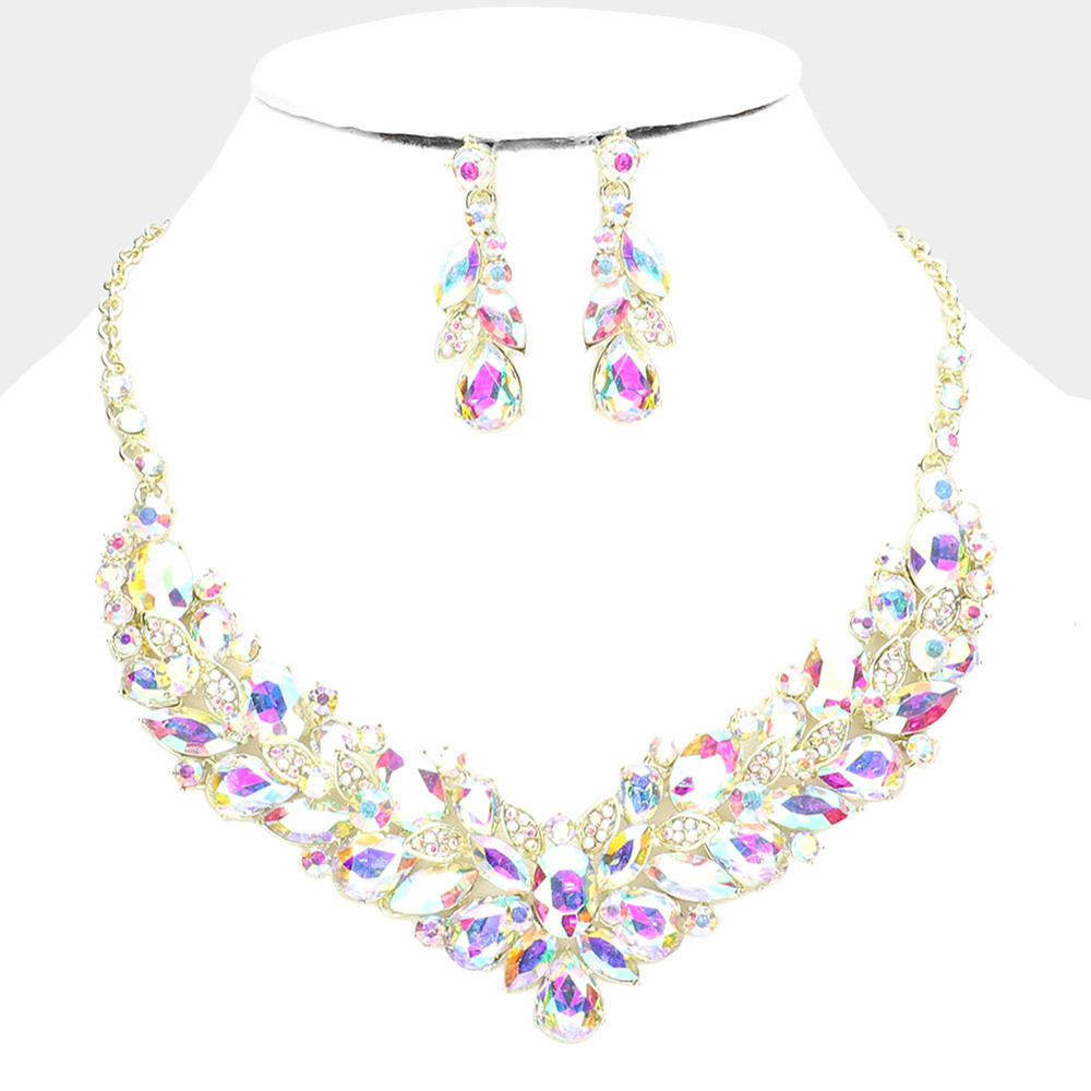 Gold/AB Multi Stone Cluster Evening Necklace