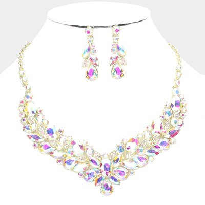 Gold/AB Multi Stone Cluster Evening Necklace