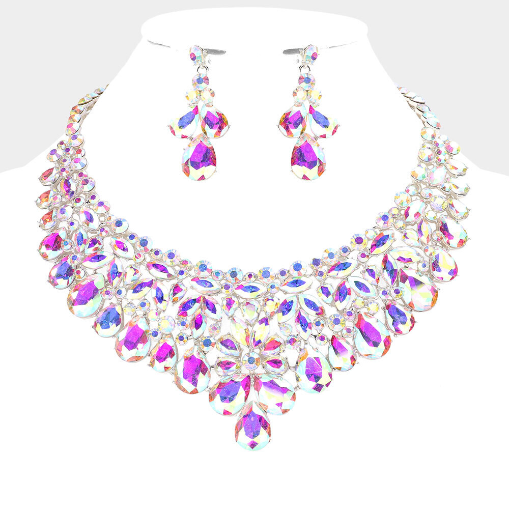 AB Silver Multi Stone Cluster Evening Necklace Set
