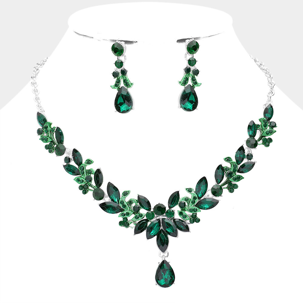 Emerald Green Crystal /Silver Multi Stone Cluster Evening Necklace Set