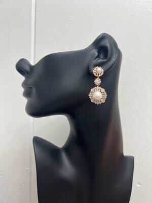 Gold/Pearl Pave CZ Surround Round 3 Drop Earring