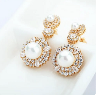 Gold/Pearl Pave CZ Surround Round 3 Drop Earring