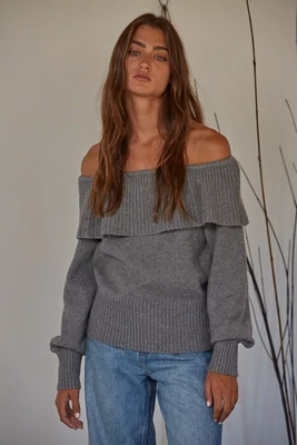 Charcoal Off the Shoulder Ruffle Soft Sweater