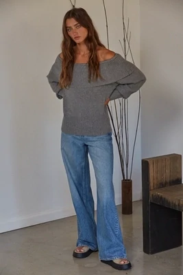 Charcoal Off the Shoulder Ruffle Soft Sweater