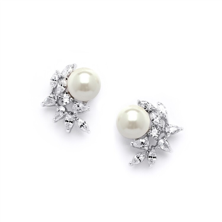 CZ Crescent Ivory Pearl Cluster Stud Earrings