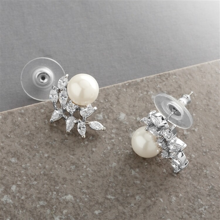 CZ Crescent Ivory Pearl Cluster Stud Earrings