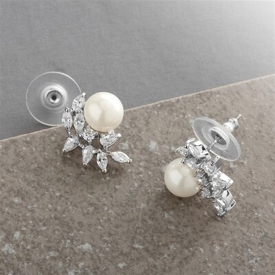 CZ Crescent Ivory Pearl Cluster Stud Earrings