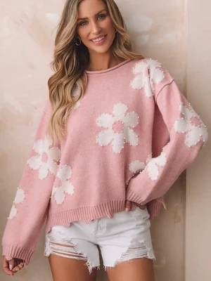 Pink/Ivory Pearl Beaded Floral Cozy Sweater