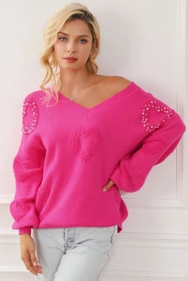 Hot Pink Pearl Embellished Hearts V Neck Sweater