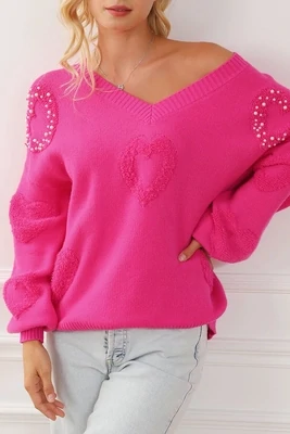 Hot Pink Pearl Embellished Hearts V Neck Sweater