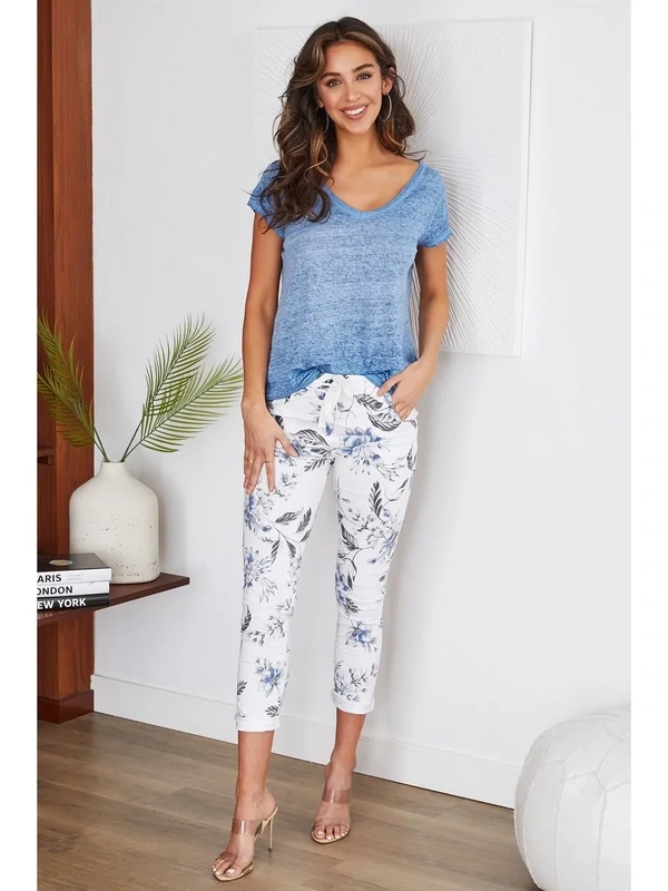 Blue Floral Print Drawstring Crinkle Joggers