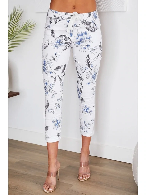 Blue Floral Print Drawstring Crinkle Joggers