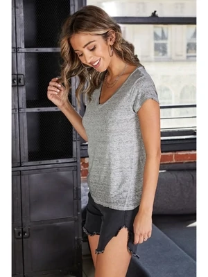 Mineral Wash Italian Linen Short Sleeve V Neck Tee