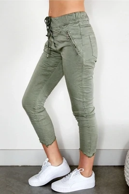 Army Green Italian Fringe Zipper Crinkle Jogger