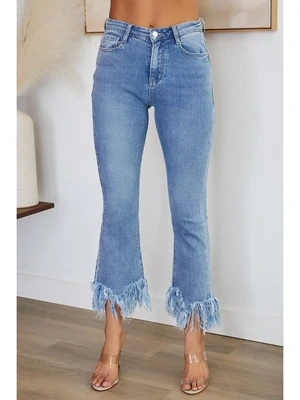 Stone Wash Fringe Hem Straight Denim Pants