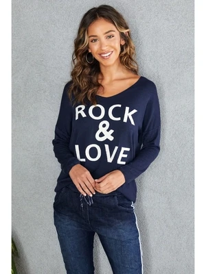 Navy Fuzzy Rock Love Print V-Neck Knit Sweater