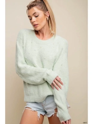Mint Pearl Beaded Fluffy Knit Sweater Top