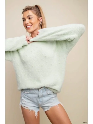 Mint Pearl Beaded Fluffy Knit Sweater Top