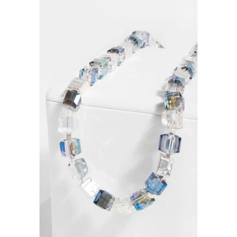 Blue Green Faceted Bead and Silver Stone Necklace