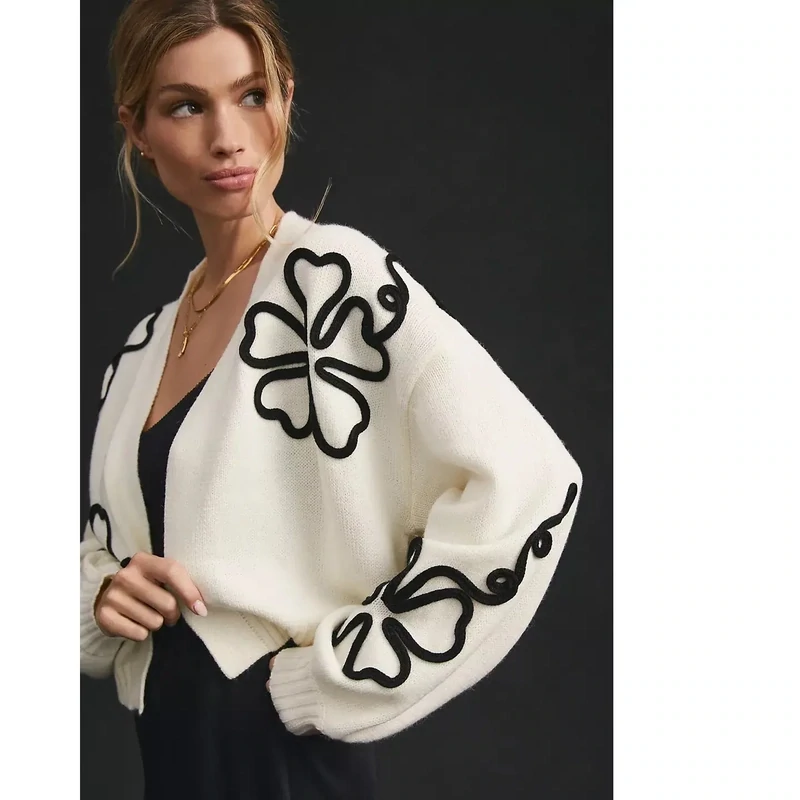 Ivory Cropped  Squiggle Black Flower Cardigan