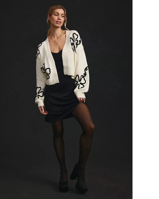 Ivory Cropped Squiggle Black Flower Cardigan