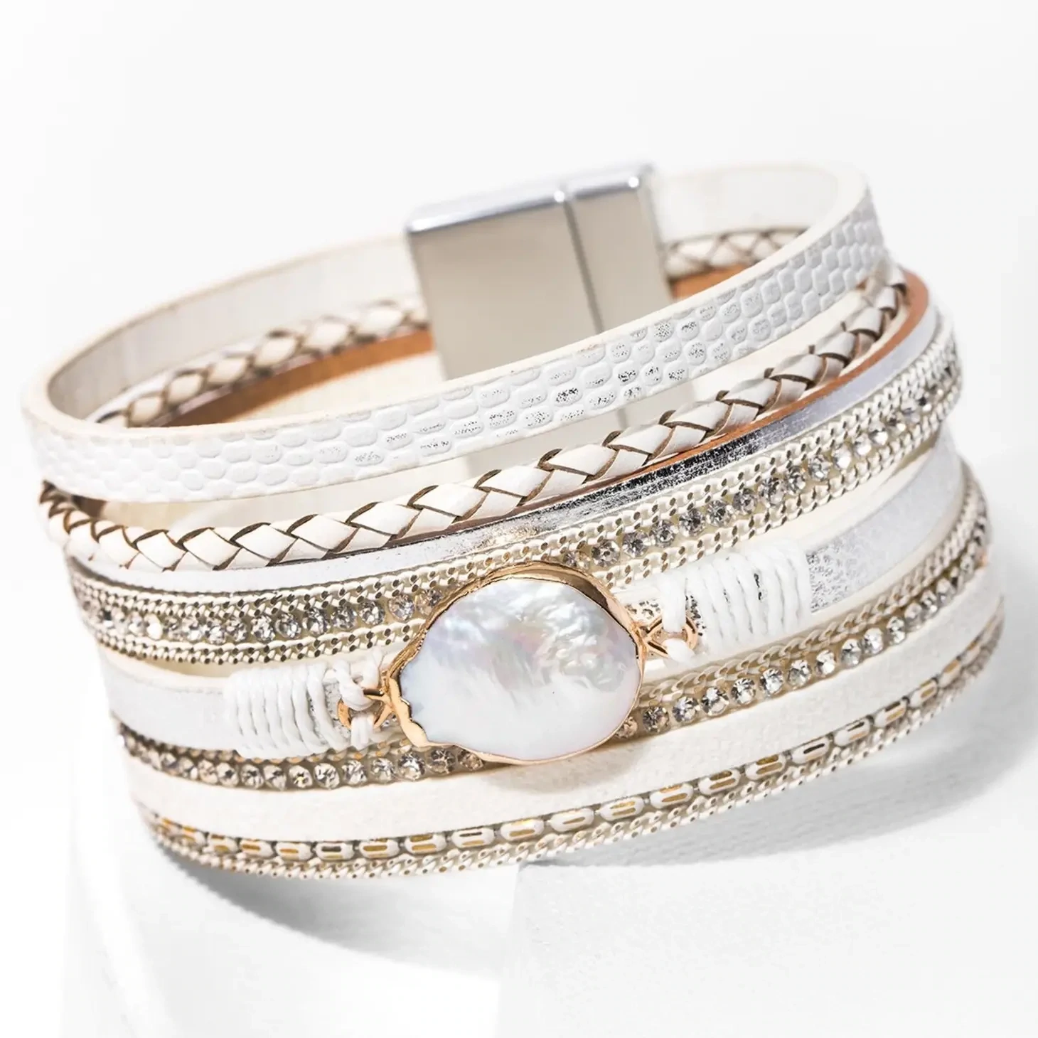Santorini Pearl Vegan Leather Wrap Bracelet