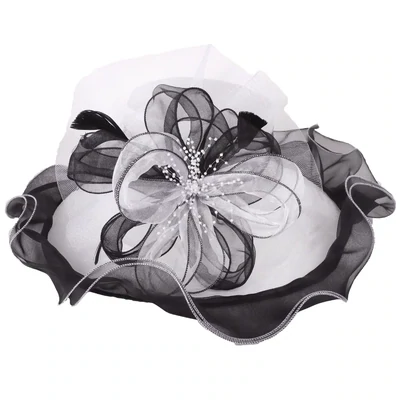 Black/White Floral Organza Hat w/ Mini Faux Pearl Cluster