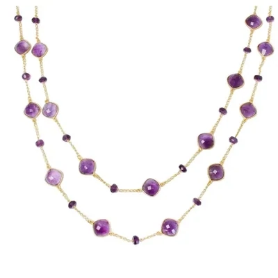 Amethyst Stone and Amethyst Beaded Gold Long Necklace