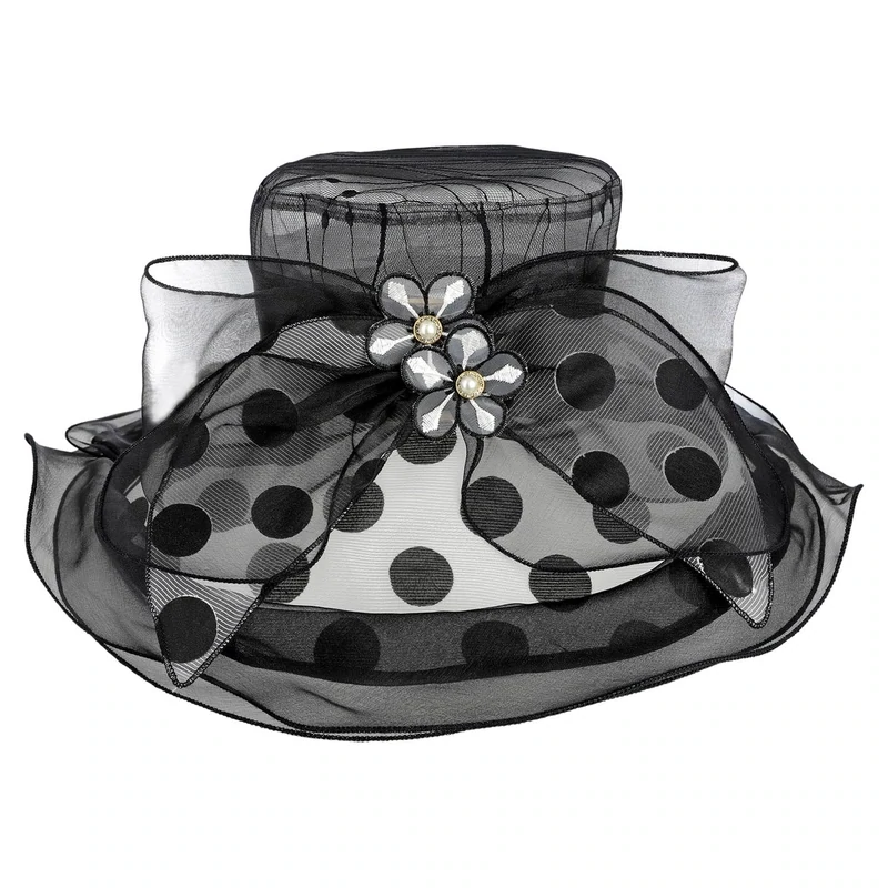 Mesh Polka Dot Derby Top Hat w/ Floral Accent Mesh Ribbon