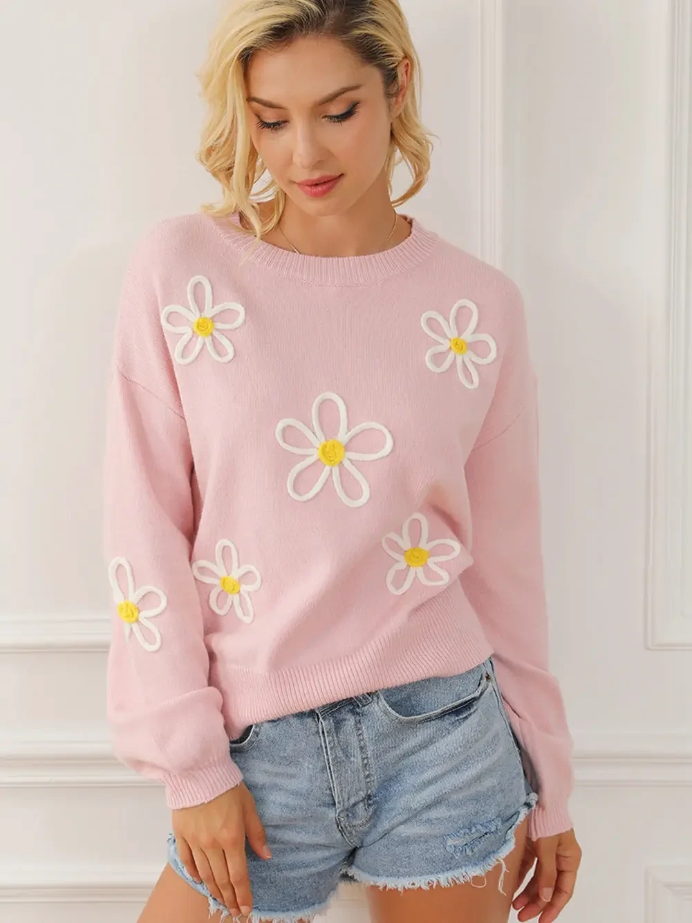 Baby Pink Daisy Stitching Crew Neck Sweater