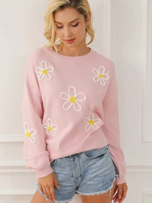 Baby Pink Daisy Stitching Crew Neck Sweater