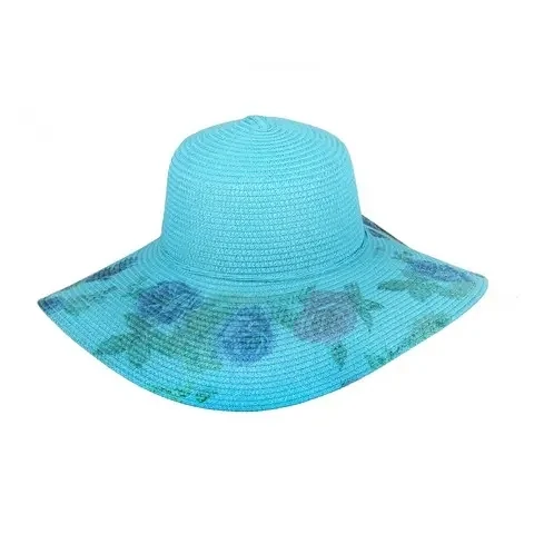 Aqua Floral Print Floppy Straw Beach Hat