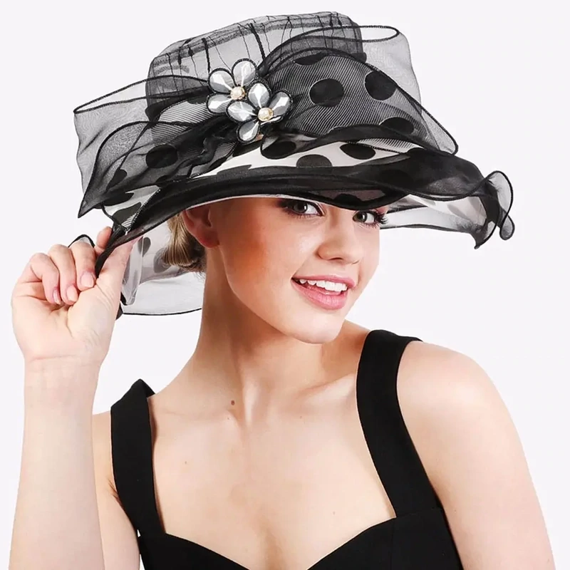 Mesh Polka Dot Derby Top Hat w/ Floral Accent Mesh Ribbon