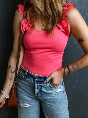 Strawberry Pink Ruffle Wide Strap Sleeveless Top